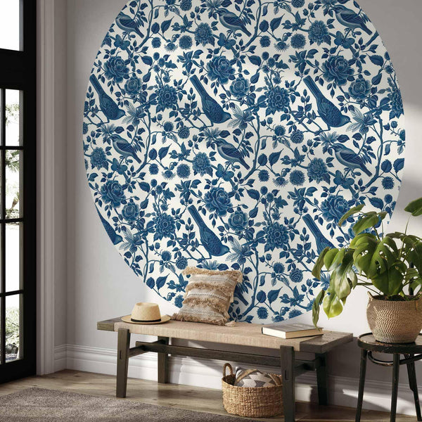 Carta da parati rotonda - Birds and roses - monochrome blue pattern with botanical motif