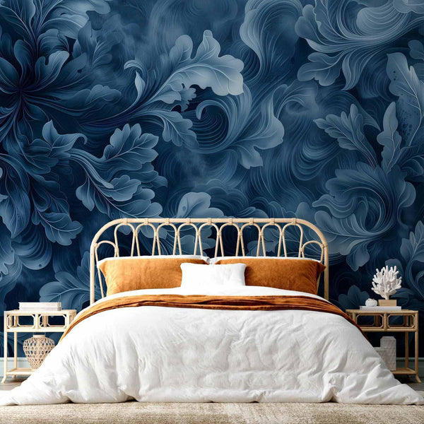 Carta da parati - Abstract Ornaments: Dark Blue Victorian Leaves