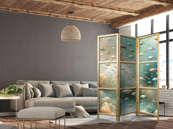 Paravento giapponese - Spectacular Underwater Landscape - Fish in the Underwater World in Colors of Turquoise Blue Beige and Delicate Orange