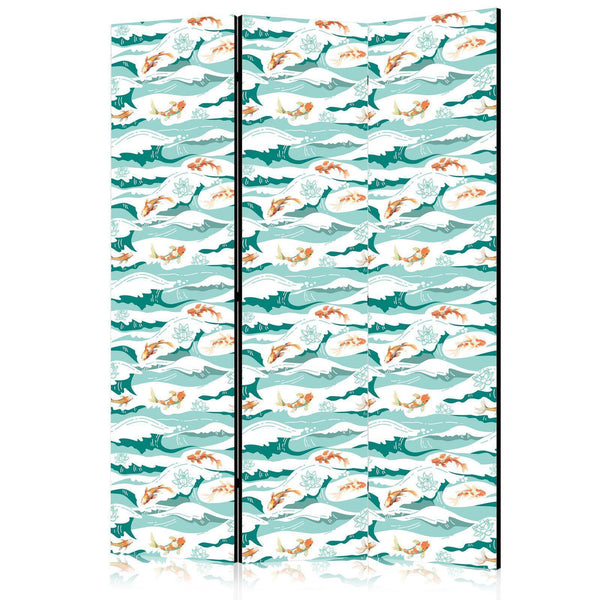 Paravento - Fish Leaping Above the Waves - Oriental Fish and Water Lilies Among High Waves in Sea Green Colors
