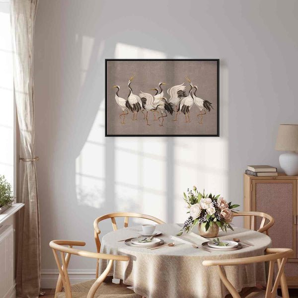 Quadro - Crane dance – bright silhouettes of birds against a warm grey background with texture