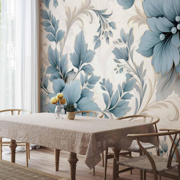 Carta da parati - Turquoise Flowers in Retro Ambience - Floristic Ornaments