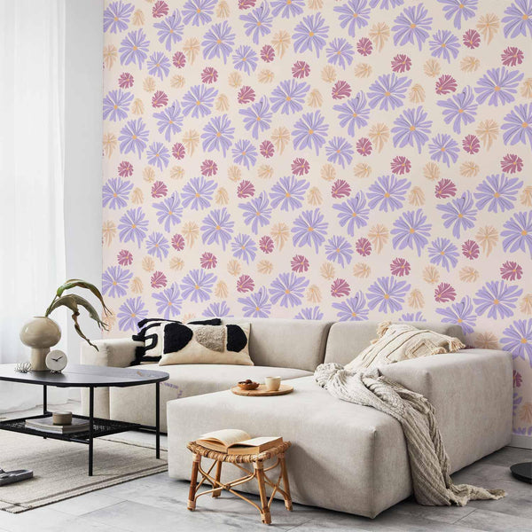 Tappezzeria murale - Floating Flowers - Tiny - wind-borne flowers in three colors - on a light background