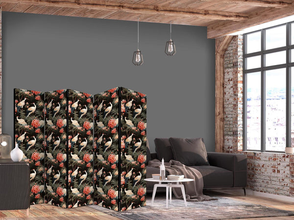 Paravento - Ornament with birds - silhouettes of cranes and peony flowers on a dark background
