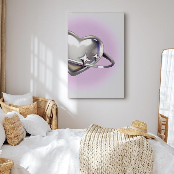 Quadro - Cosmic Heart - Silver Heart with a Ring on a Purple Background