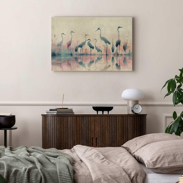 Quadro - Birds by the lake - herons painted in watercolour in delicate grey and pink colours
