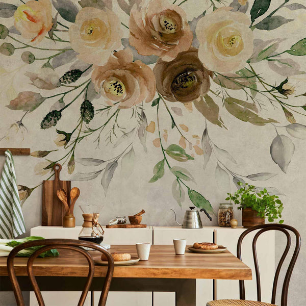 Carta da parati - Summer bloom - retro floral motif with flowers and leaves with patterns