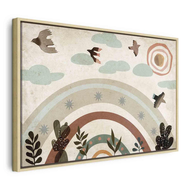 Quadro - Rainbow and Sun Above - Birds in Subdued Colors Flying Among Clouds Above a Rainbow and Various Plants on a Light Background