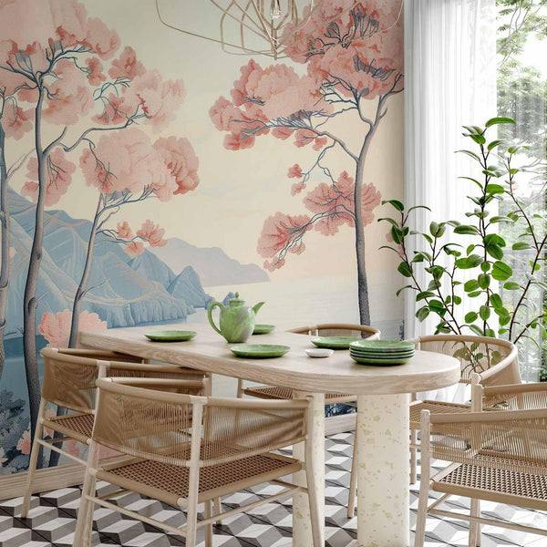Carta da parati - Landscape with the Ocean Cliffs and Trees in Delicate Pink Shades