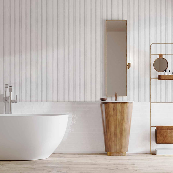 Tappezzeria murale - Wooden Texture - Symmetrical vertical lines on a white background