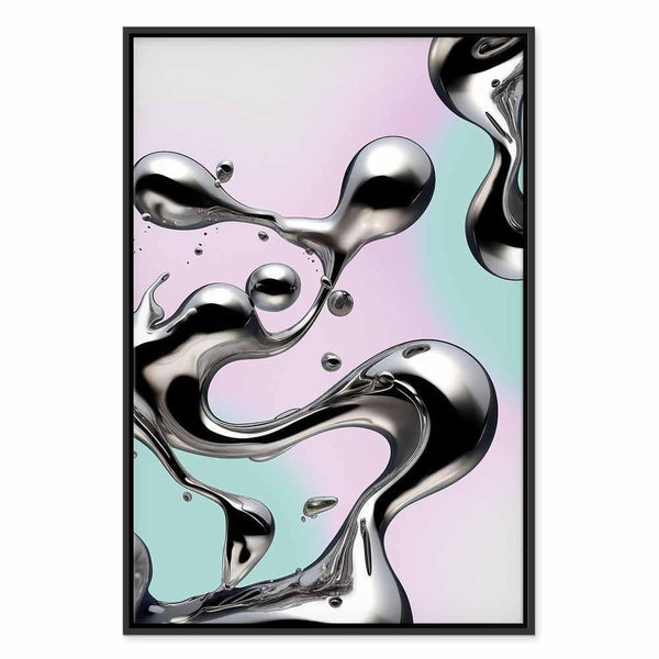 Quadro - Metallic Fluidity - Abstract Silver Forms on a Mint-Purple Background