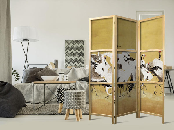 Paravento giapponese - Japanese cranes - a flock of birds against a golden background based on a painting by Ishida Yūtei