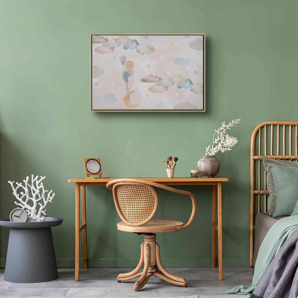 Quadro - Fairy-Tale Moon - Pastel Moon with Balloons Among Colorful Clouds and Stars in Subdued Colors on a Light Background