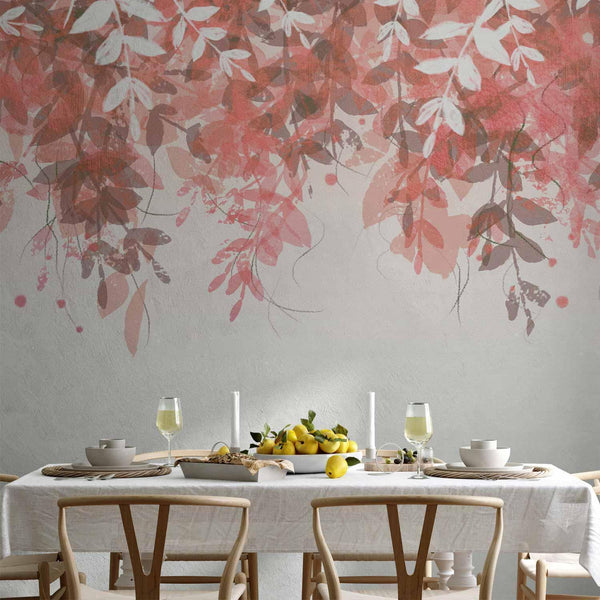 Carta da parati - Under vegetation - hanging vines of pink leaves on a neutral background
