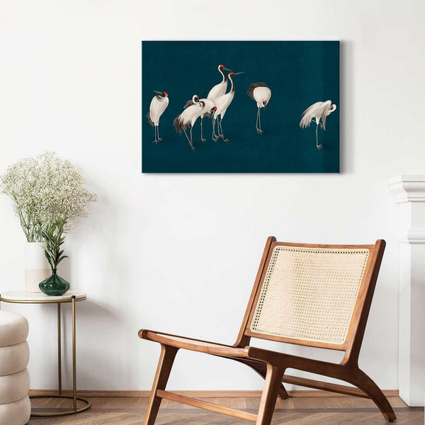 Quadro - Evening by the pond - a group of cranes drawn in dry pastel on a dark turquoise background