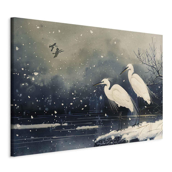 Quadro XXL - Herons over a winter pond - Japanese-style illustration in dark colours