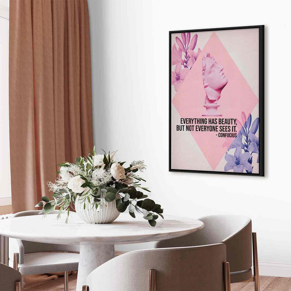 Quadro - Beauty in the Eyes - Inspirational Quote with Pink Bust and Flowers
