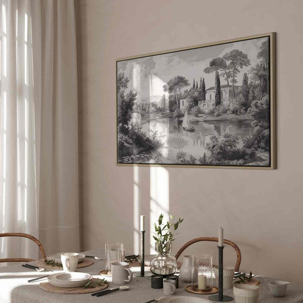 Quadro - Black and White Vintage Landscape Retro View of a Pond with a Boat