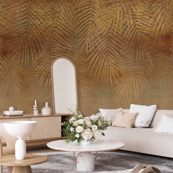 Carta da parati - Abstract nature in beige - composition with golden exotic leaves