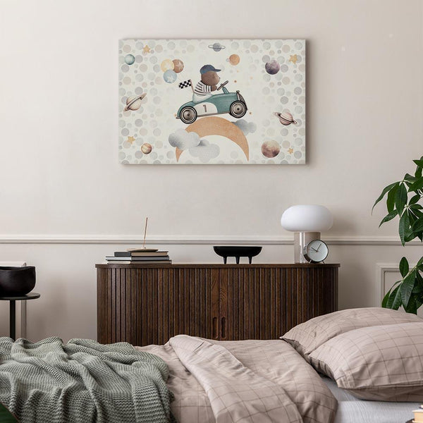 Quadro - Galactic Races - A Bear Participating in Car Races Among Planets Clouds and Stars in Pastel Hues