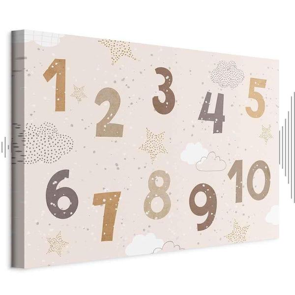 Quadro - Jumping Numbers - Numbers in a Subdued Beige-Brown Hue Among Snowflakes Stars and Clouds