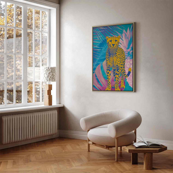 Quadro - Exotic Leopard - Colorful Portrait of a Cheetah Against Tropical Leaves