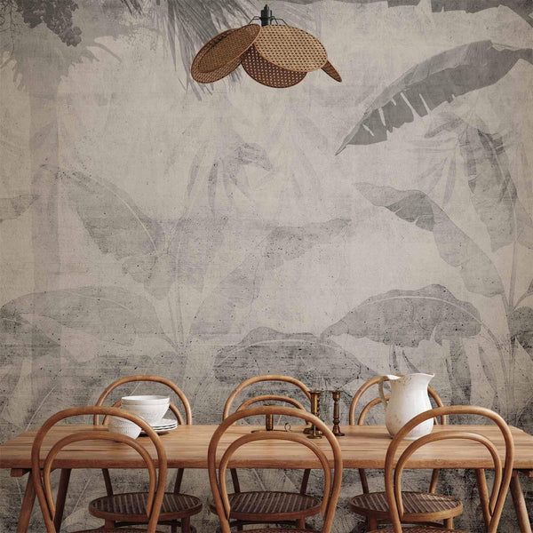Carta da parati - Vanishing jungle - landscape of exotic trees and leaves in grey tones
