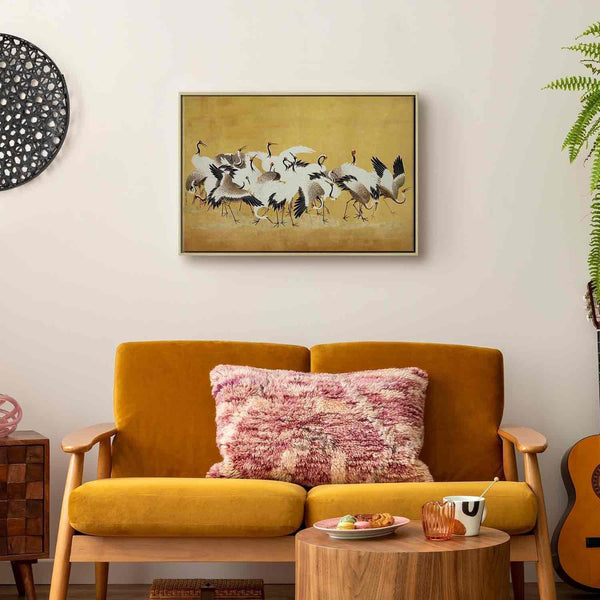 Quadro - Japanese cranes - a flock of birds against a golden background based on a painting by Ishida Yūtei