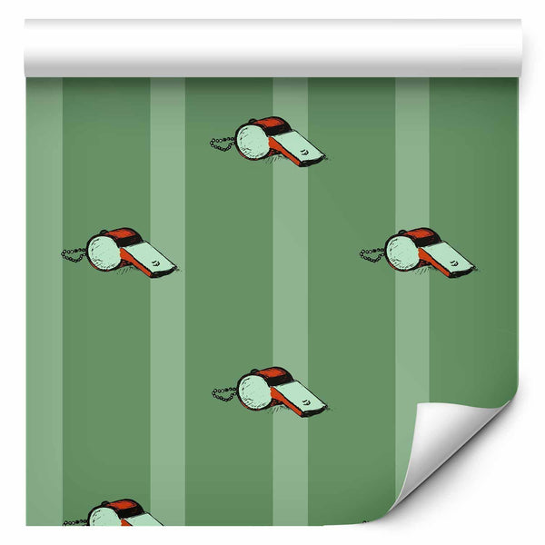 Tappezzeria murale - Sports Whistles - Repeating pattern on a striped green background