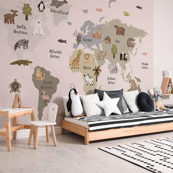 Carta da parati - Pastel Map - Animals and Continents for Children's Room