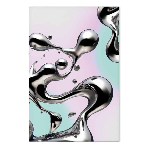 Quadro - Metallic Fluidity - Abstract Silver Forms on a Mint-Purple Background