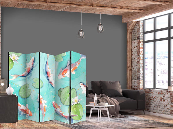 Paravento - Spectacular Koi Fish - White-Orange Koi Fish Swimming in Crystal Clear Water With Water Lilies