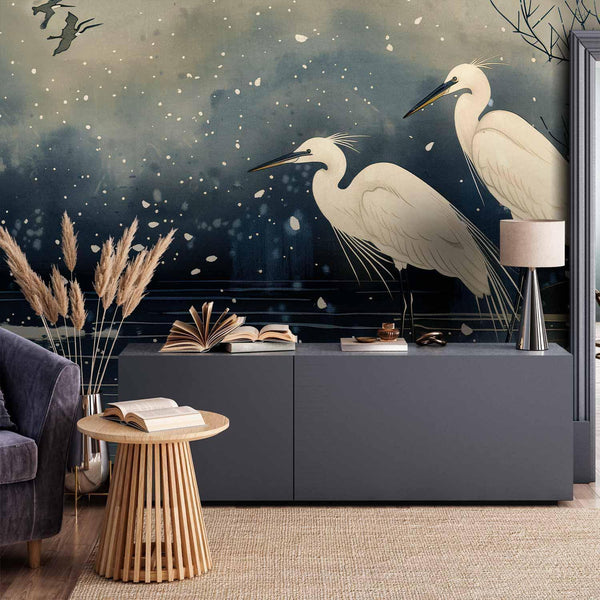 Carta da parati - Herons over a winter pond - Japanese-style illustration in dark colours
