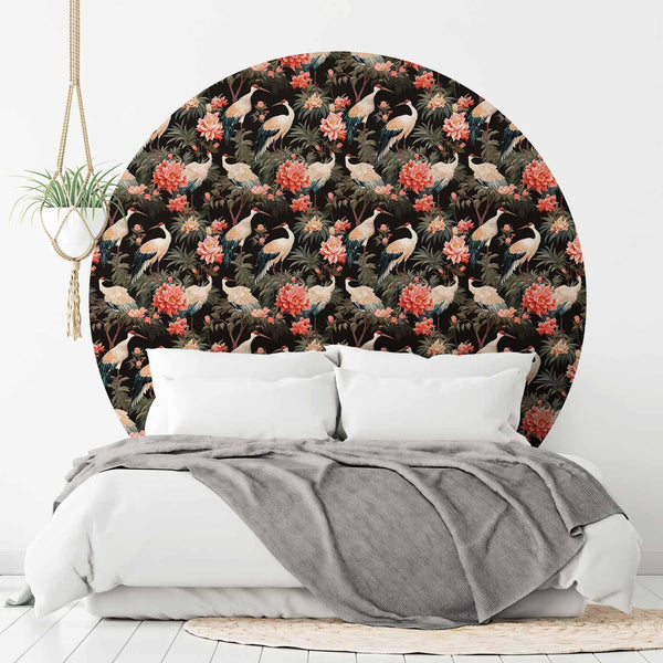 Carta da parati rotondi - Ornament with birds – silhouettes of cranes and peony flowers on a dark background