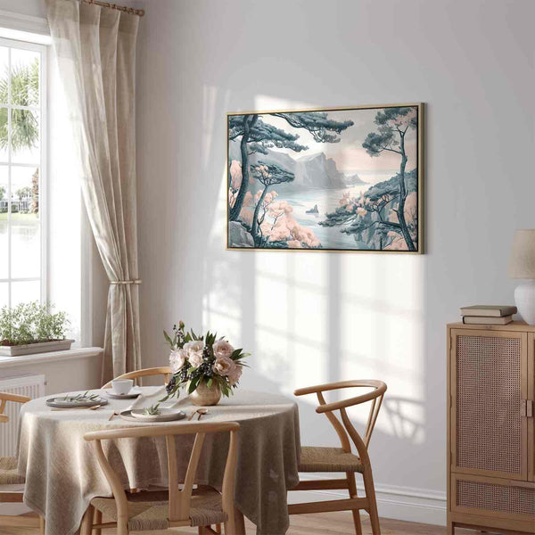 Quadro - Mountainous Coast with Trees and Rocks in Light Pastel Blues
