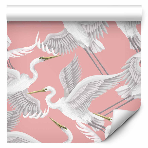 Tappezzeria murale - Pastel birds – a delicate pattern of white and grey herons on a light pink background