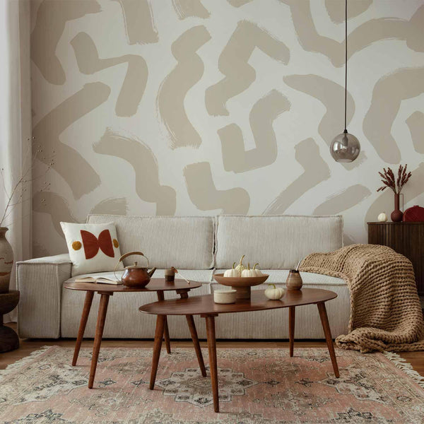 Carta da parati - Abstract composition - beige patterns in shapes on a white background