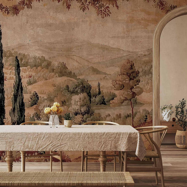 Carta da parati - Mediterranean landscape - old tapestry with a hill and a lake