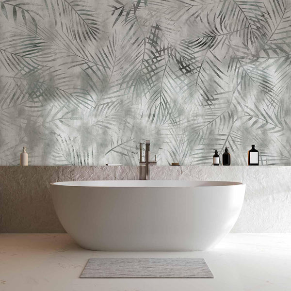 Carta da parati - Minimalist landscape - nature motif with grey exotic leaves