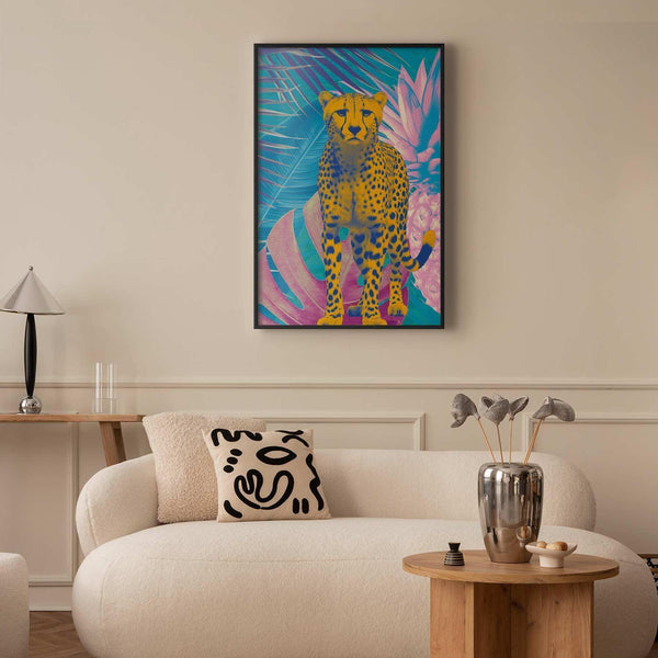 Poster - Exotic Leopard - colorful portrait of a cheetah against tropical leaves