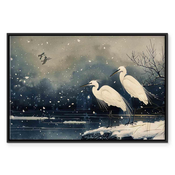Quadro - Herons over a winter pond - Japanese-style illustration in dark colours