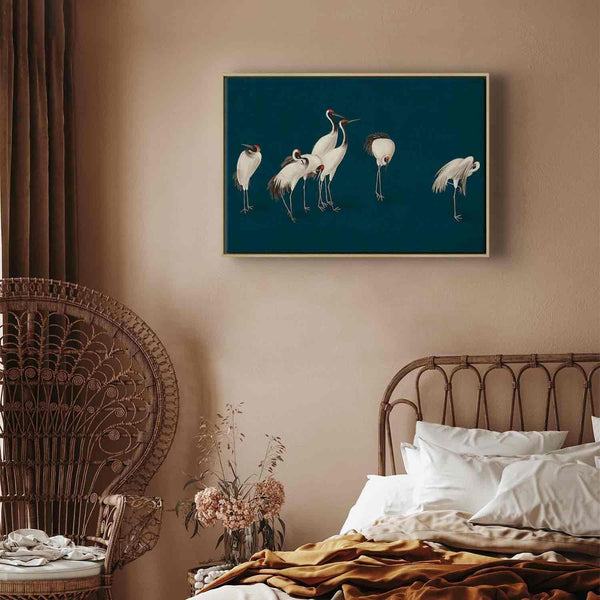 Quadro - Evening by the pond - a group of cranes drawn in dry pastel on a dark turquoise background