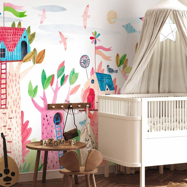 Carta da parati - Painted tree houses - a colourful fantasy with kites for children