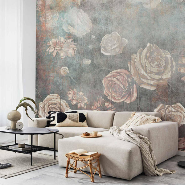 Carta da parati - Misty nature - muted rose flowers on a background in grey tones