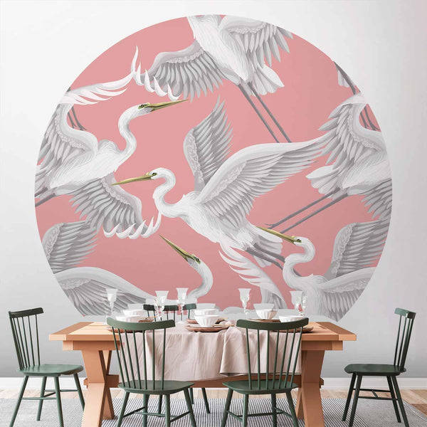 Carta da parati rotonda - Pastel birds – a delicate pattern of white and grey herons on a light pink background