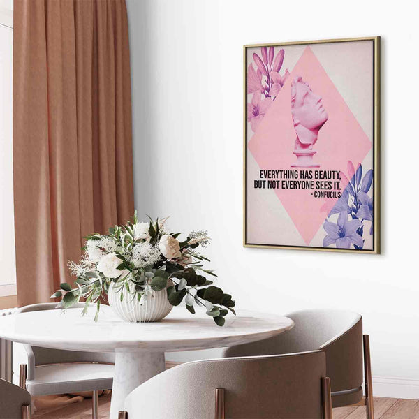 Quadro - Beauty in the Eyes - Inspirational Quote with Pink Bust and Flowers