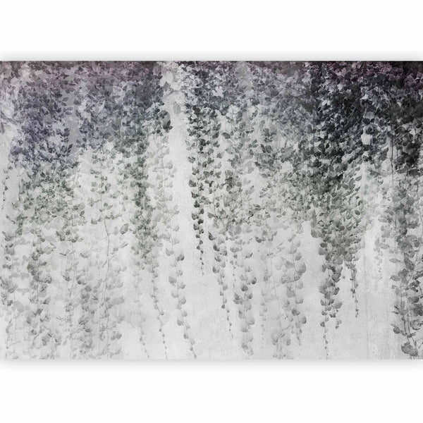 Carta da parati - Peaceful oasis - landscape of hanging black leaf vines on a grey background