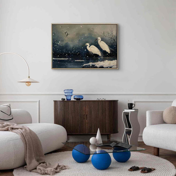 Quadro - Herons over a winter pond - Japanese-style illustration in dark colours