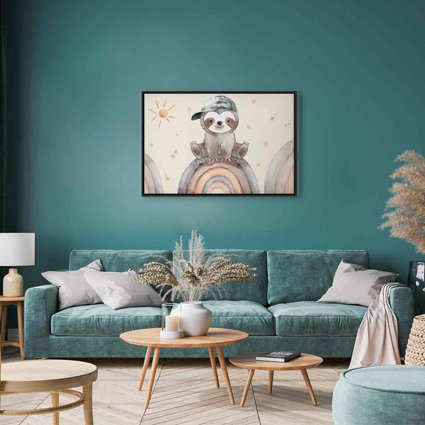 Quadro - Happy Sloth - Sloth in Subdued Colors Wearing a Cap Sitting on a Rainbow Among Little Stars