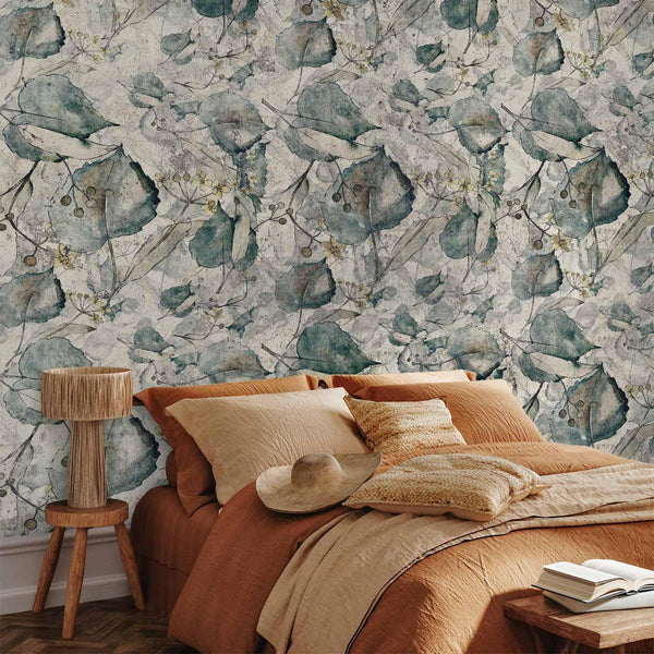 Carta da parati - Autumn souvenirs - cool grey floral pattern with leaves